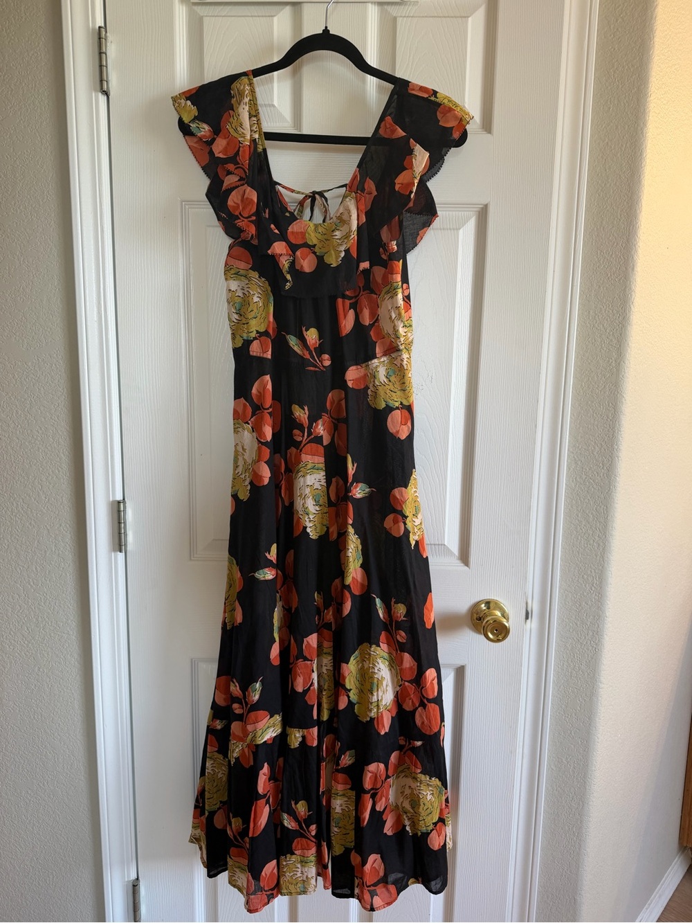 THE GREAT. Black Maxi Dress with Orange and Yellow Floral Print